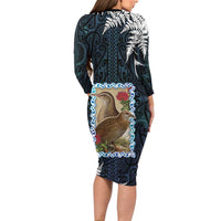 New Zealand Weka Long Sleeve Bodycon Dress Maori Hen Koru Pattern LT05 - Polynesian Pride