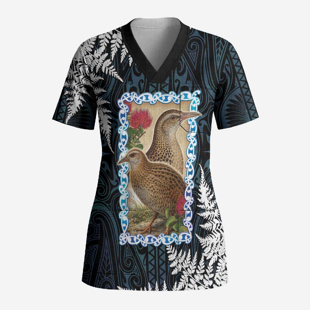 New Zealand Weka Scrub Top Maori Hen Koru Pattern LT05 Adult Black - Polynesian Pride