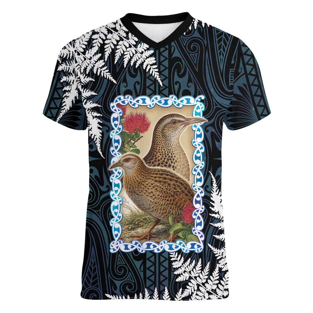 New Zealand Weka Women V-Neck T-Shirt Maori Hen Koru Pattern LT05 Female Black - Polynesian Pride