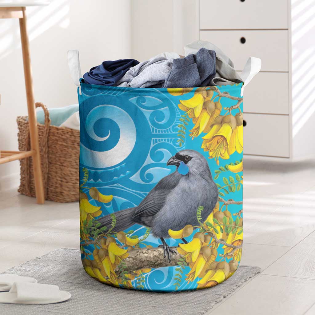 New Zealand Kokako Bird Laundry Basket Maori Koru With Kowhai Flowers LT05 Aqua - Polynesian Pride