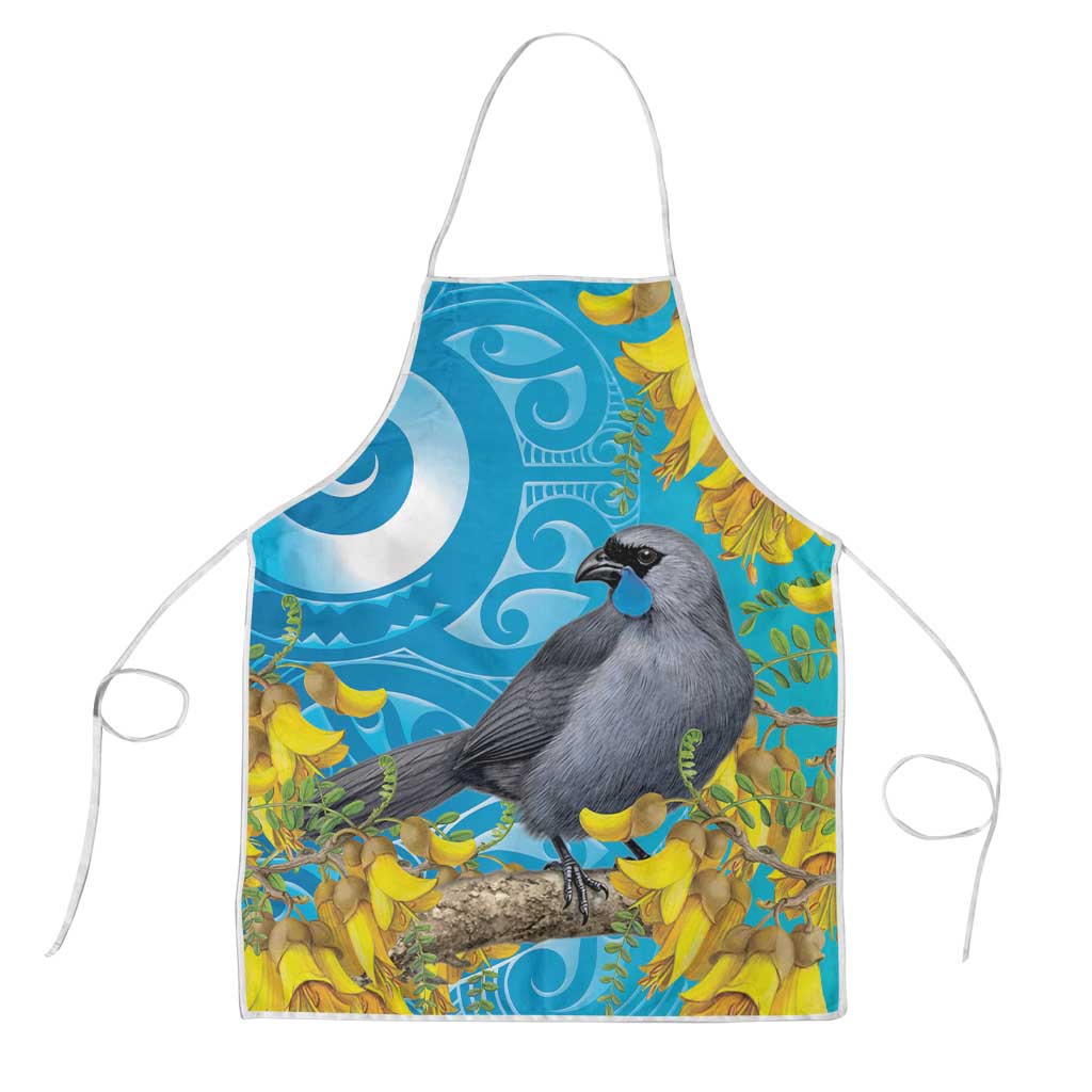 New Zealand Kokako Bird Apron Maori Koru With Kowhai Flowers LT05 Aqua - Polynesian Pride