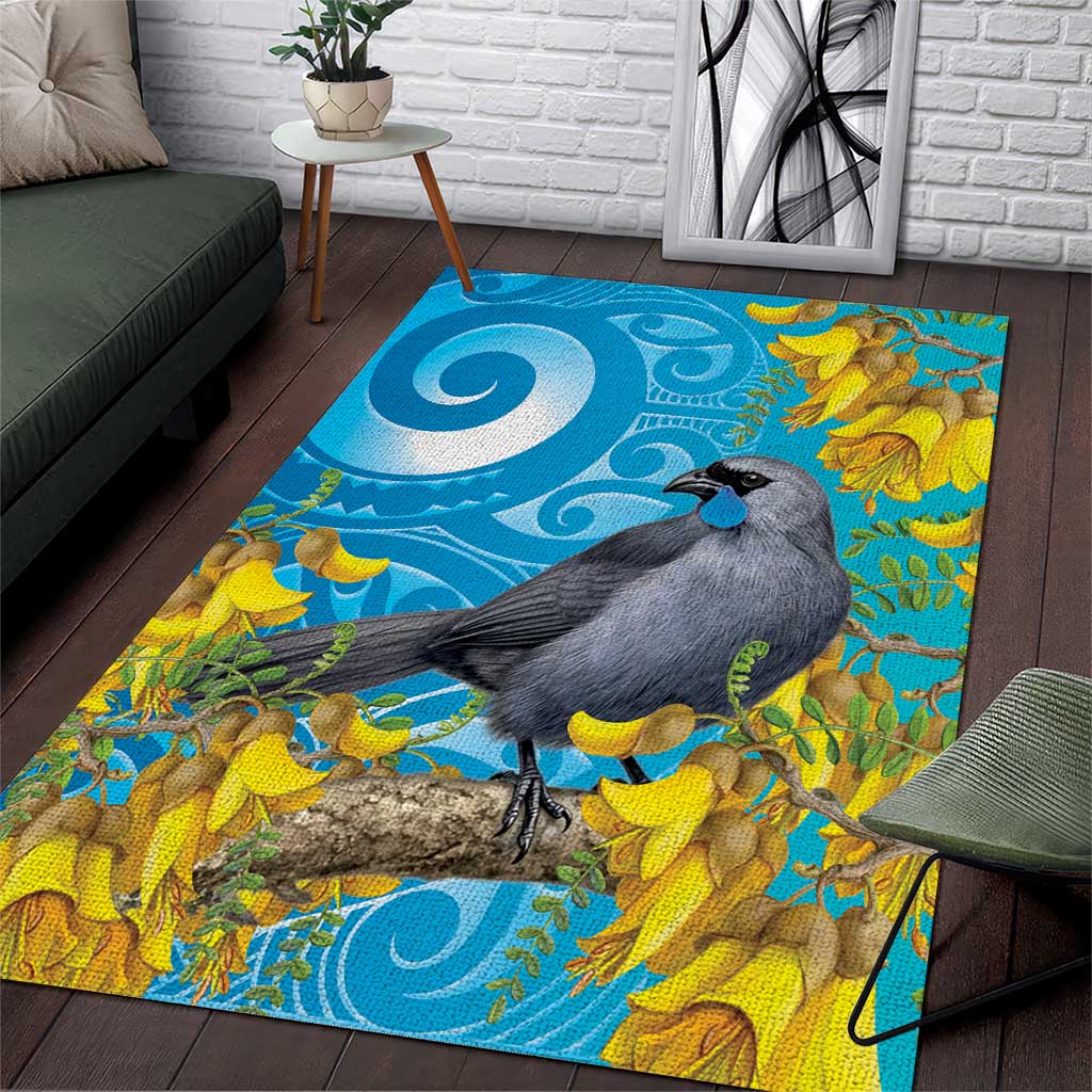New Zealand Kokako Bird Area Rug Maori Koru With Kowhai Flowers LT05 Aqua - Polynesian Pride