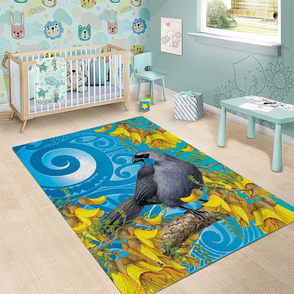 New Zealand Kokako Bird Area Rug Maori Koru With Kowhai Flowers LT05 - Polynesian Pride