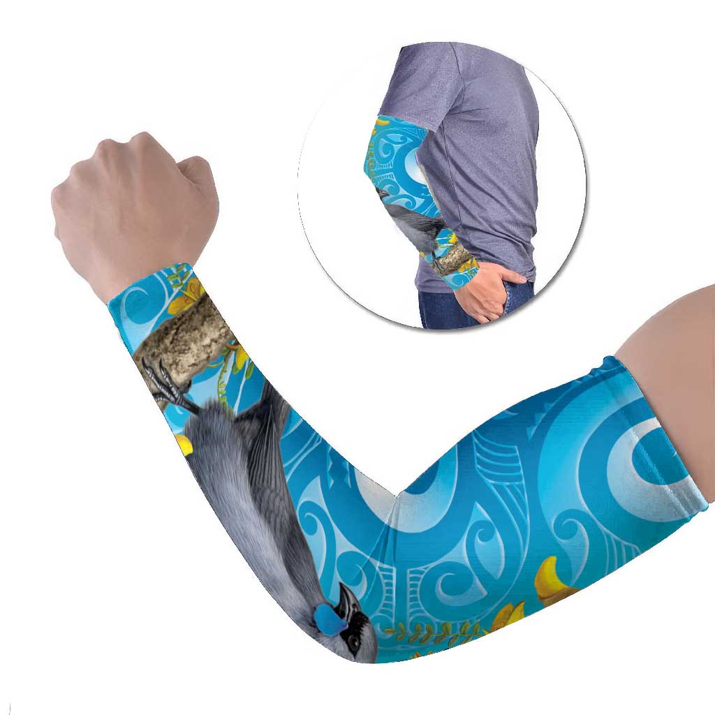 New Zealand Kokako Bird Arm Sleeves Maori Koru With Kowhai Flowers LT05 Set of 2 Aqua - Polynesian Pride
