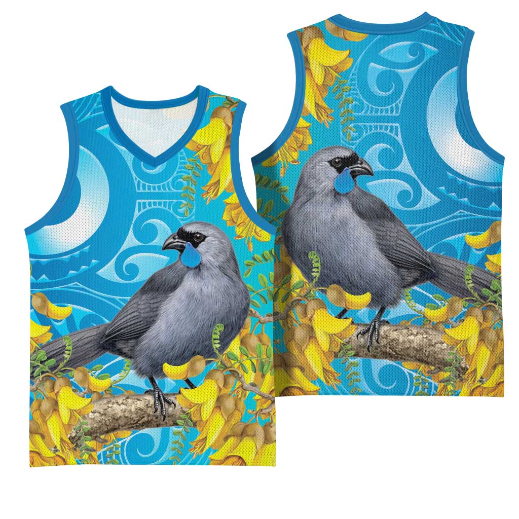 New Zealand Kokako Bird Basketball Jersey Maori Koru With Kowhai Flowers - Polynesian Pride