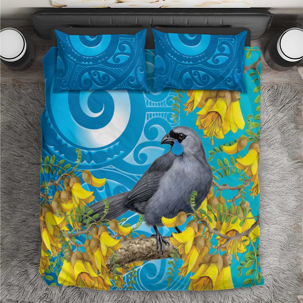 New Zealand Kokako Bird Bedding Set Maori Koru With Kowhai Flowers - Polynesian Pride
