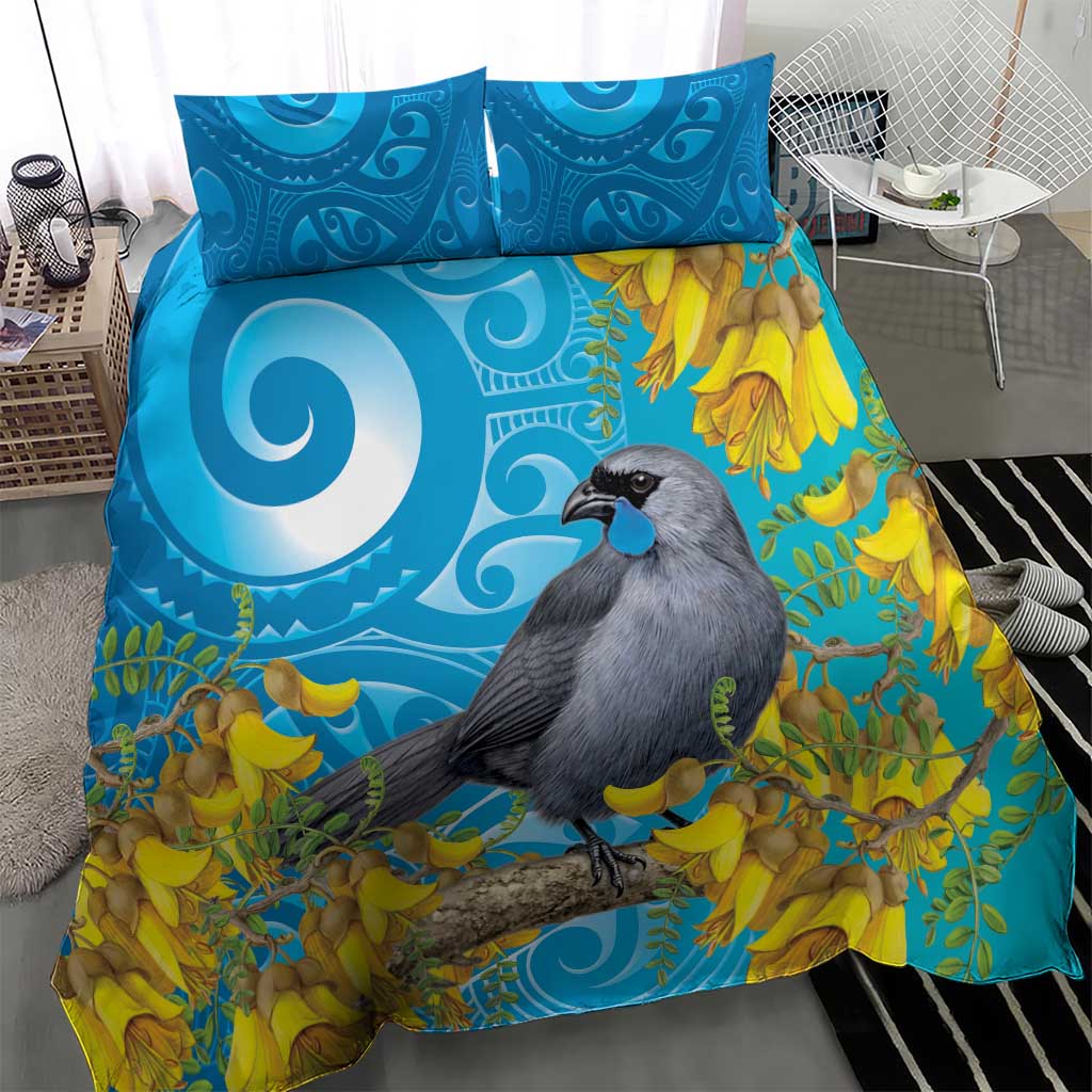 New Zealand Kokako Bird Bedding Set Maori Koru With Kowhai Flowers - Polynesian Pride