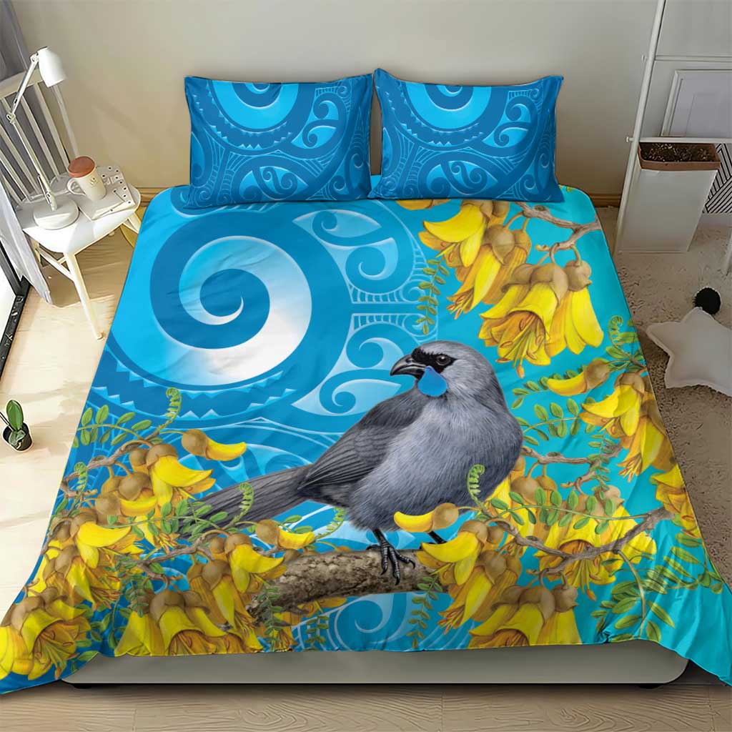 New Zealand Kokako Bird Bedding Set Maori Koru With Kowhai Flowers - Polynesian Pride