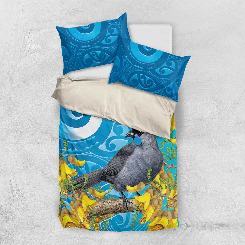 New Zealand Kokako Bird Bedding Set Maori Koru With Kowhai Flowers - Polynesian Pride