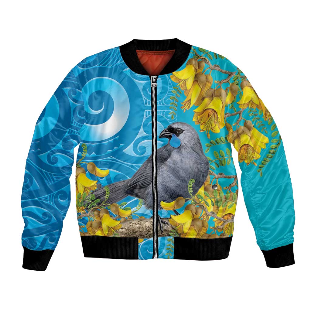 New Zealand Kokako Bird Bomber Jacket Maori Koru With Kowhai Flowers - Polynesian Pride