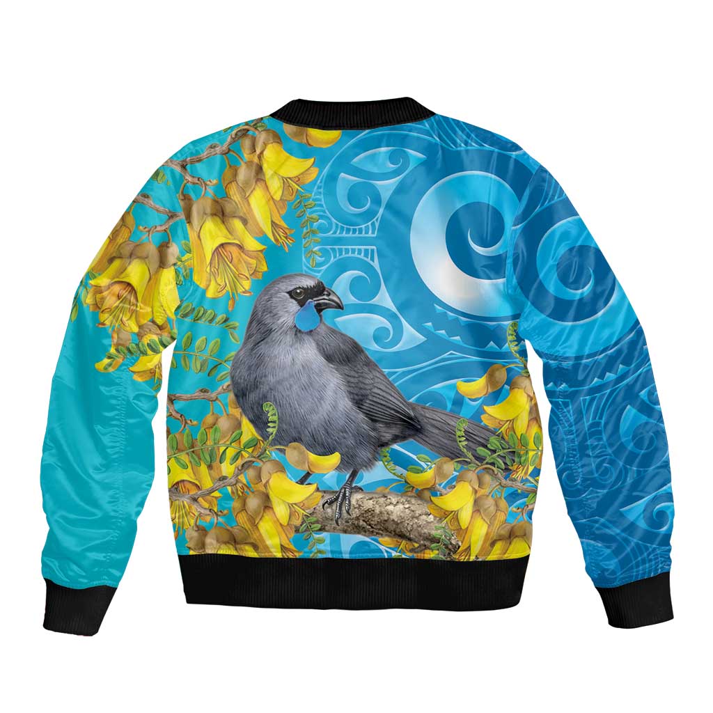 New Zealand Kokako Bird Bomber Jacket Maori Koru With Kowhai Flowers - Polynesian Pride
