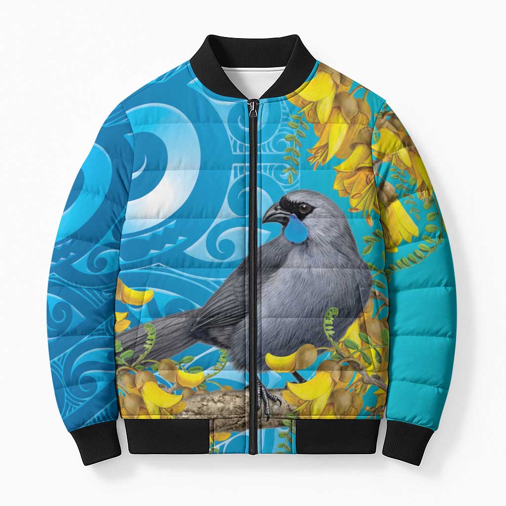 New Zealand Kokako Bird Bomber Puffer Jacket Maori Koru With Kowhai Flowers LT05 Unisex Aqua - Polynesian Pride