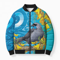 New Zealand Kokako Bird Bomber Puffer Jacket Maori Koru With Kowhai Flowers LT05 Unisex Aqua - Polynesian Pride