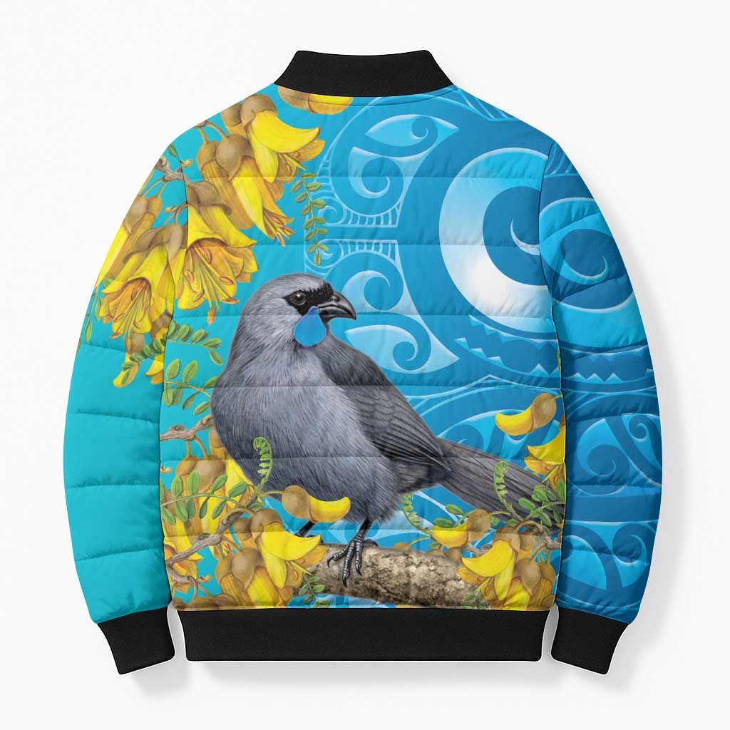 New Zealand Kokako Bird Bomber Puffer Jacket Maori Koru With Kowhai Flowers LT05 - Polynesian Pride