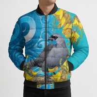 New Zealand Kokako Bird Bomber Puffer Jacket Maori Koru With Kowhai Flowers LT05 - Polynesian Pride