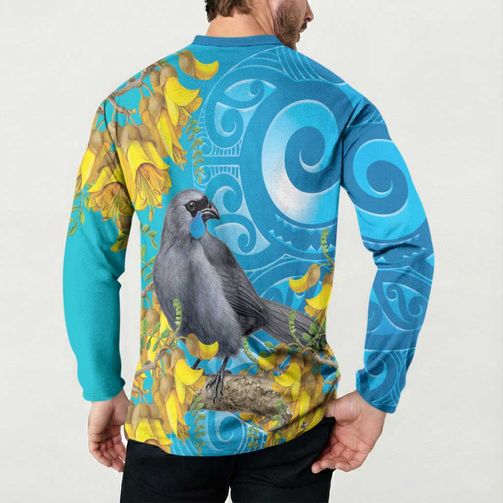 New Zealand Kokako Bird Button Sweatshirt Maori Koru With Kowhai Flowers - Polynesian Pride