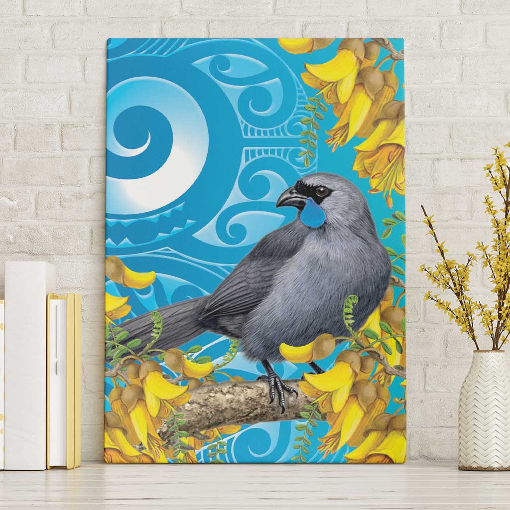 New Zealand Kokako Bird Canvas Wall Art Maori Koru With Kowhai Flowers LT05 Without Frame Aqua - Polynesian Pride