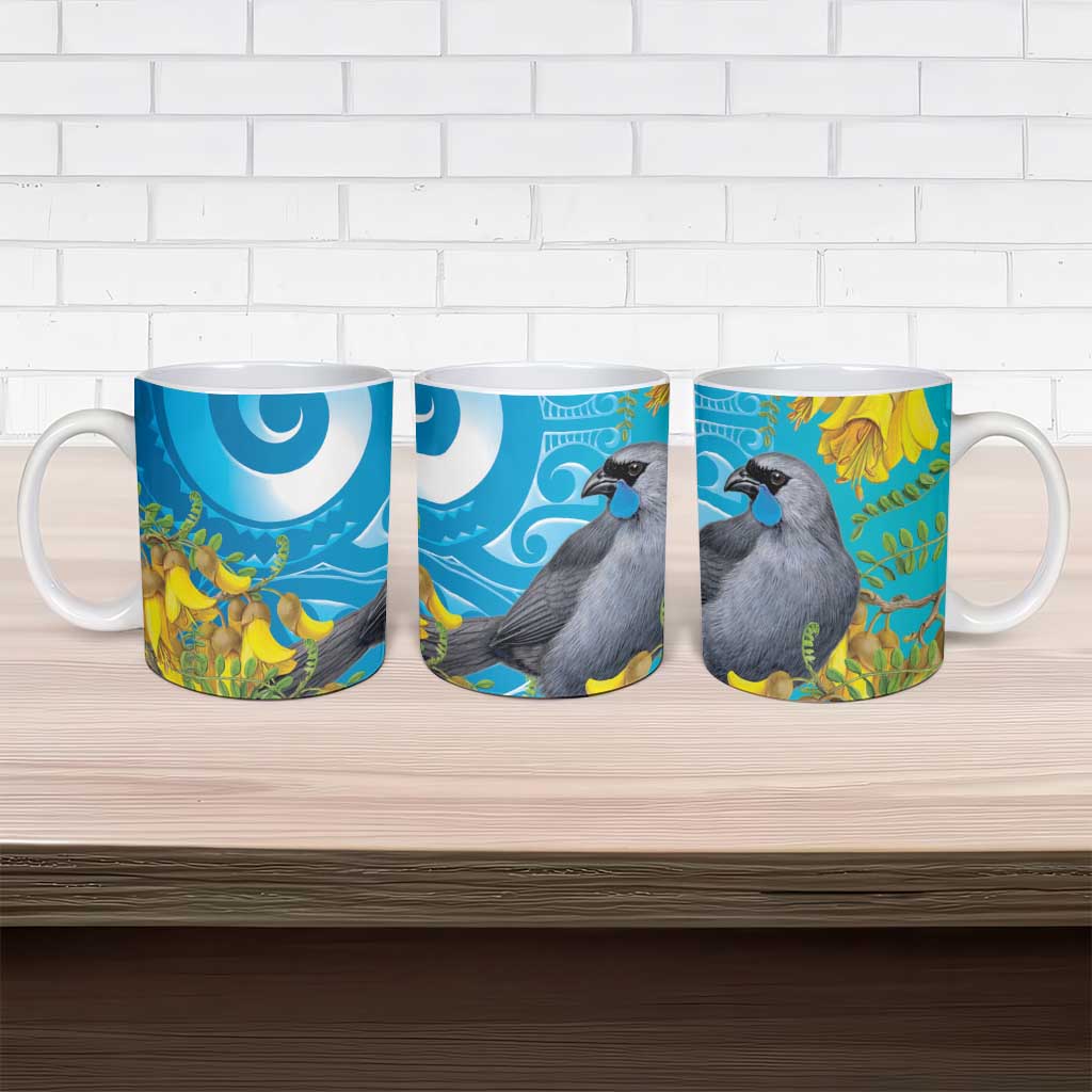 New Zealand Kokako Bird Ceramic Mug Maori Koru With Kowhai Flowers - Polynesian Pride