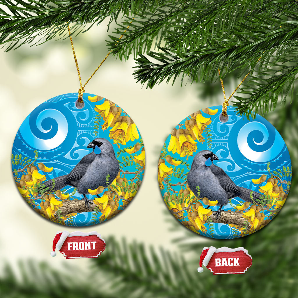 New Zealand Kokako Bird Ceramic Ornament Maori Koru With Kowhai Flowers