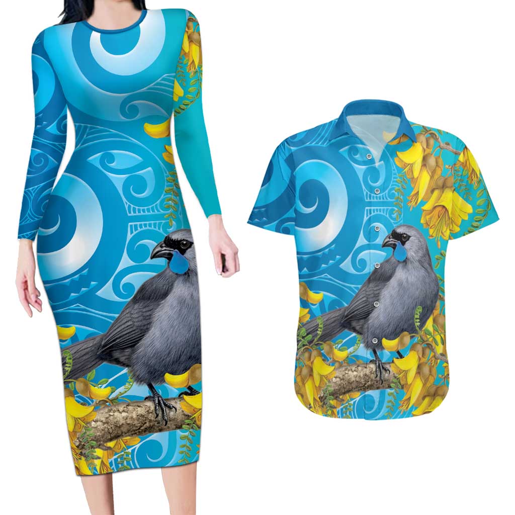 New Zealand Kokako Bird Couples Matching Long Sleeve Bodycon Dress and Hawaiian Shirt Maori Koru With Kowhai Flowers LT05 Aqua - Polynesian Pride