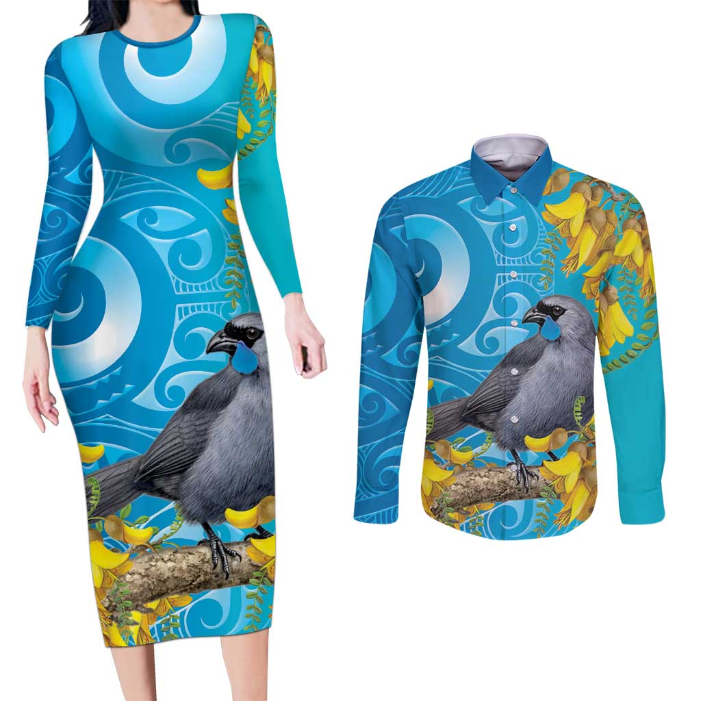 New Zealand Kokako Bird Couples Matching Long Sleeve Bodycon Dress and Long Sleeve Button Shirt Maori Koru With Kowhai Flowers LT05 Aqua - Polynesian Pride
