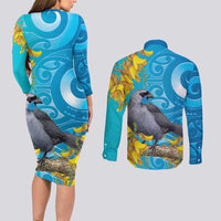 New Zealand Kokako Bird Couples Matching Long Sleeve Bodycon Dress and Long Sleeve Button Shirt Maori Koru With Kowhai Flowers LT05 - Polynesian Pride