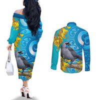 New Zealand Kokako Bird Couples Matching Off The Shoulder Long Sleeve Dress and Long Sleeve Button Shirt Maori Koru With Kowhai Flowers LT05 - Polynesian Pride