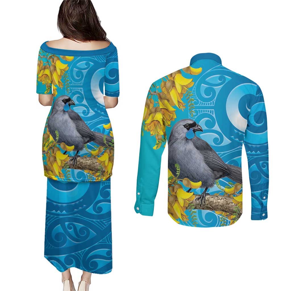 New Zealand Kokako Bird Couples Matching Puletasi and Long Sleeve Button Shirt Maori Koru With Kowhai Flowers - Polynesian Pride