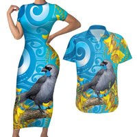New Zealand Kokako Bird Couples Matching Short Sleeve Bodycon Dress and Hawaiian Shirt Maori Koru With Kowhai Flowers LT05 Aqua - Polynesian Pride