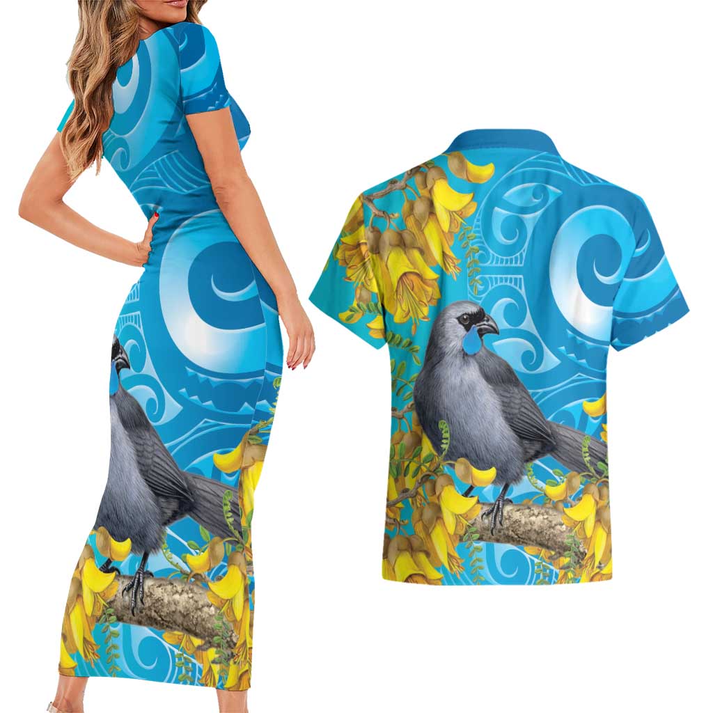New Zealand Kokako Bird Couples Matching Short Sleeve Bodycon Dress and Hawaiian Shirt Maori Koru With Kowhai Flowers LT05 - Polynesian Pride