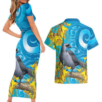 New Zealand Kokako Bird Couples Matching Short Sleeve Bodycon Dress and Hawaiian Shirt Maori Koru With Kowhai Flowers LT05 - Polynesian Pride