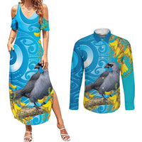 New Zealand Kokako Bird Couples Matching Summer Maxi Dress and Long Sleeve Button Shirt Maori Koru With Kowhai Flowers - Polynesian Pride