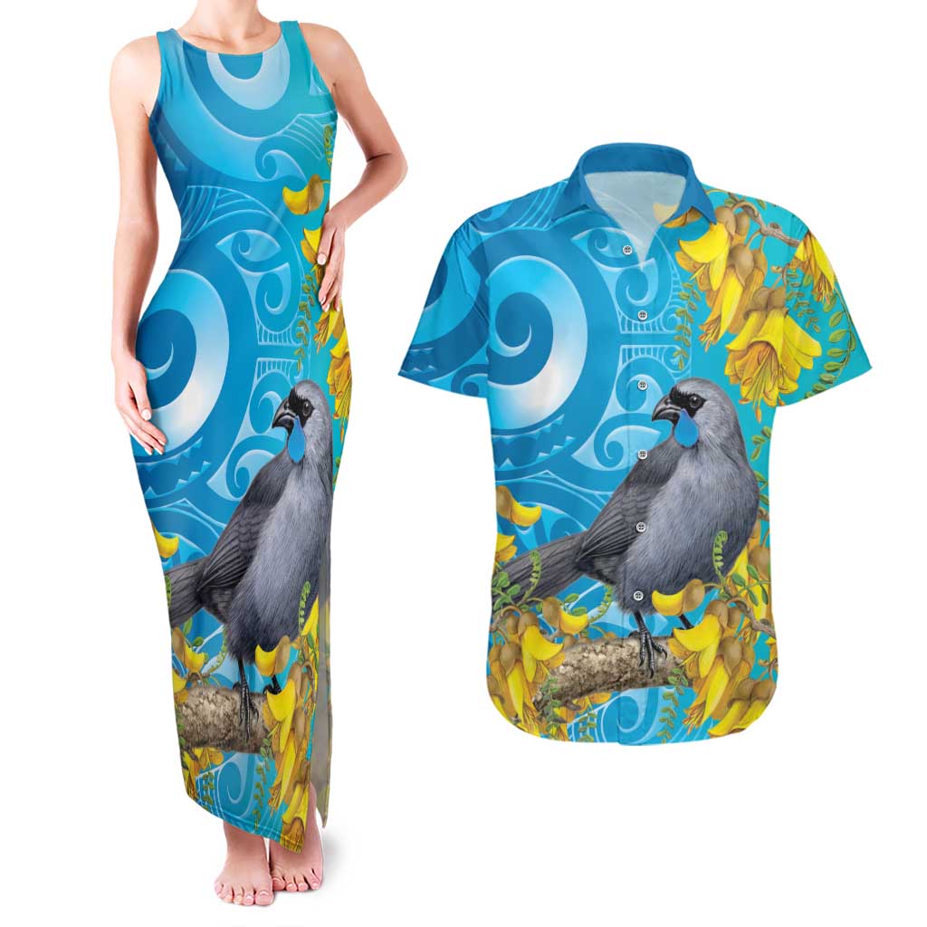 New Zealand Kokako Bird Couples Matching Tank Maxi Dress and Hawaiian Shirt Maori Koru With Kowhai Flowers - Polynesian Pride
