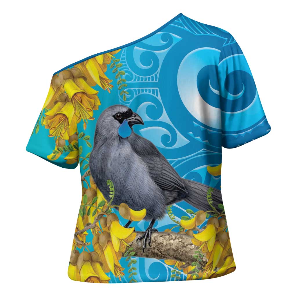 New Zealand Kokako Bird Cross Shoulder Shirt Maori Koru With Kowhai Flowers - Polynesian Pride