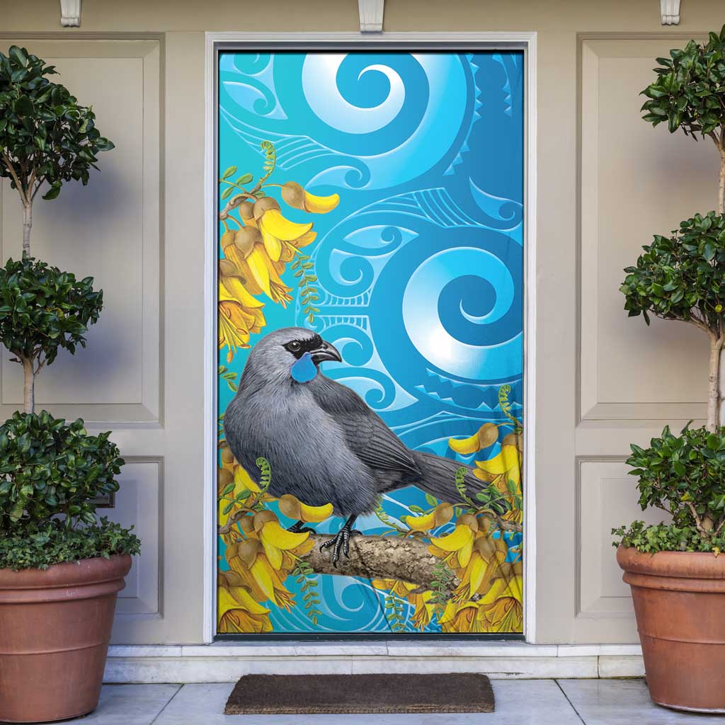 New Zealand Kokako Bird Door Cover Maori Koru With Kowhai Flowers - Polynesian Pride