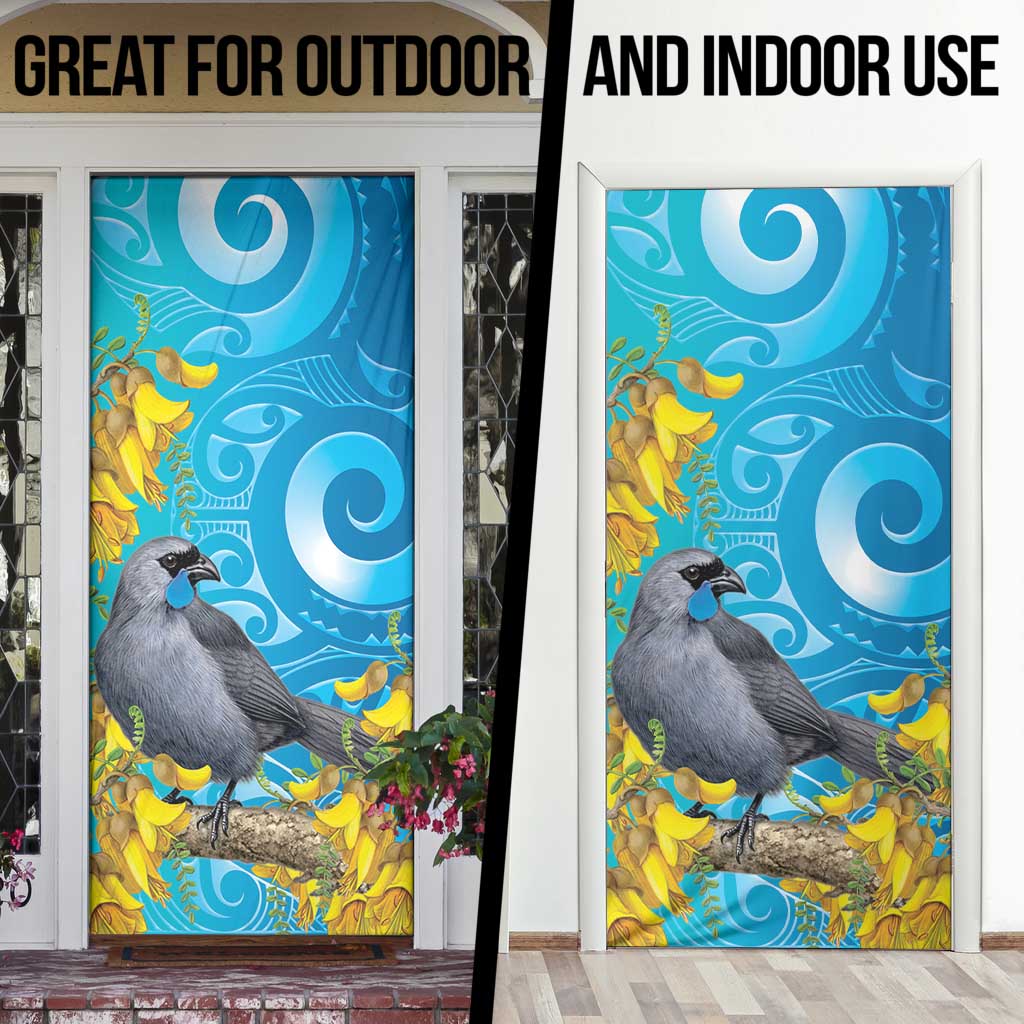 New Zealand Kokako Bird Door Cover Maori Koru With Kowhai Flowers - Polynesian Pride