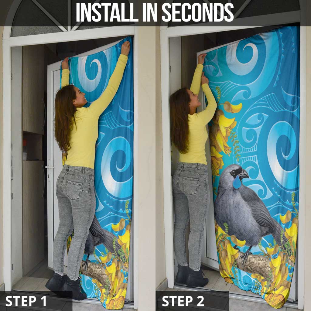 New Zealand Kokako Bird Door Cover Maori Koru With Kowhai Flowers - Polynesian Pride