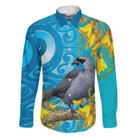 New Zealand Kokako Bird Family Matching Long Sleeve Bodycon Dress and Hawaiian Shirt Maori Koru With Kowhai Flowers LT05 Dad's Shirt - Long Sleeve Aqua - Polynesian Pride