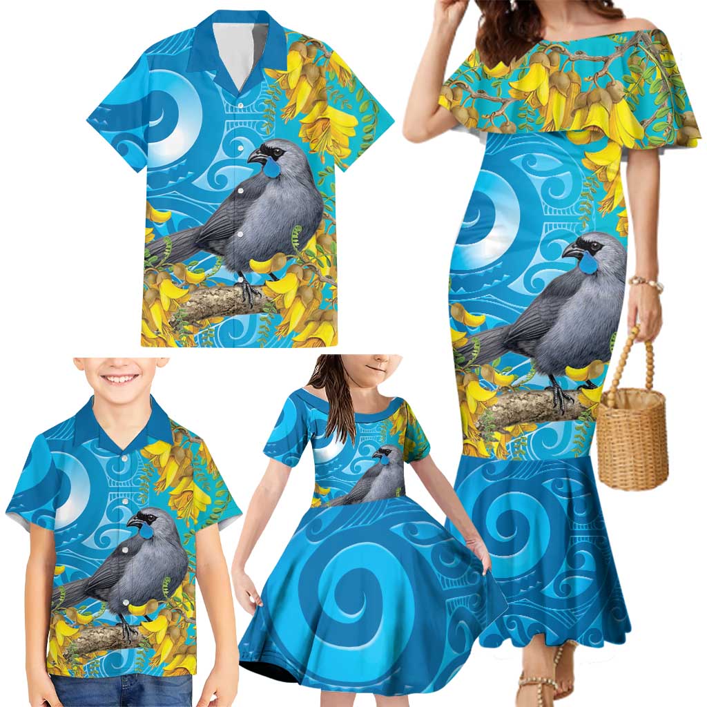 New Zealand Kokako Bird Family Matching Mermaid Dress and Hawaiian Shirt Maori Koru With Kowhai Flowers