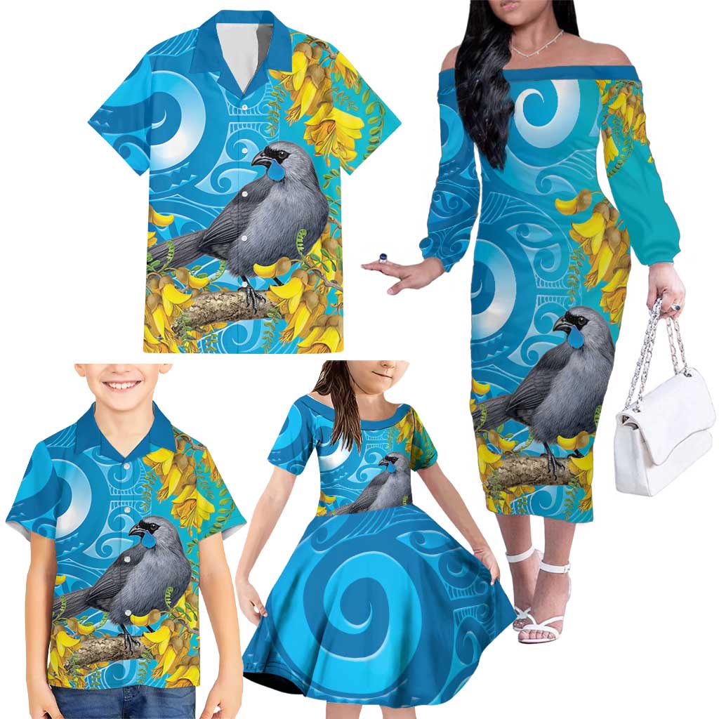 New Zealand Kokako Bird Family Matching Off The Shoulder Long Sleeve Dress and Hawaiian Shirt Maori Koru With Kowhai Flowers