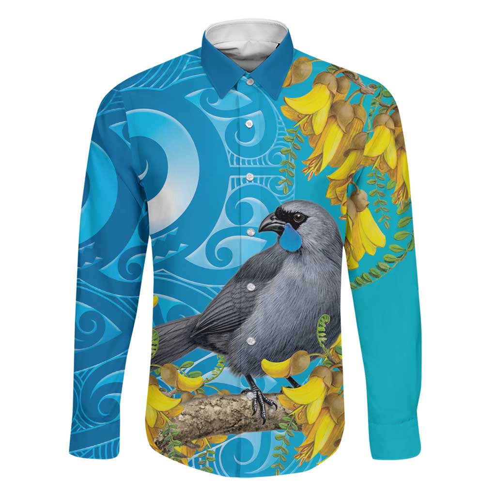 New Zealand Kokako Bird Family Matching Off The Shoulder Long Sleeve Dress and Hawaiian Shirt Maori Koru With Kowhai Flowers LT05 Dad's Shirt - Long Sleeve Aqua - Polynesian Pride
