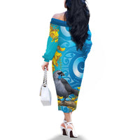 New Zealand Kokako Bird Family Matching Off The Shoulder Long Sleeve Dress and Hawaiian Shirt Maori Koru With Kowhai Flowers LT05 - Polynesian Pride