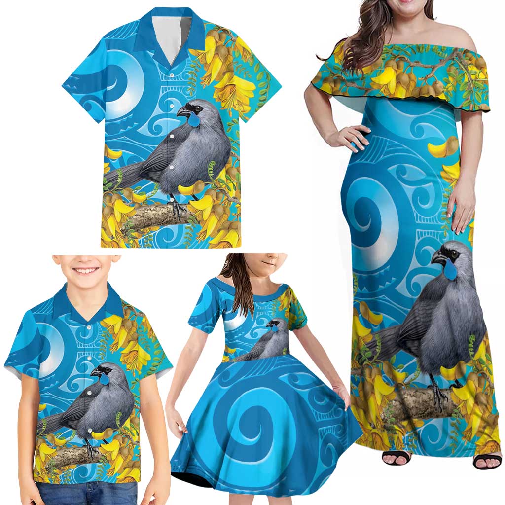 New Zealand Kokako Bird Family Matching Off Shoulder Maxi Dress and Hawaiian Shirt Maori Koru With Kowhai Flowers