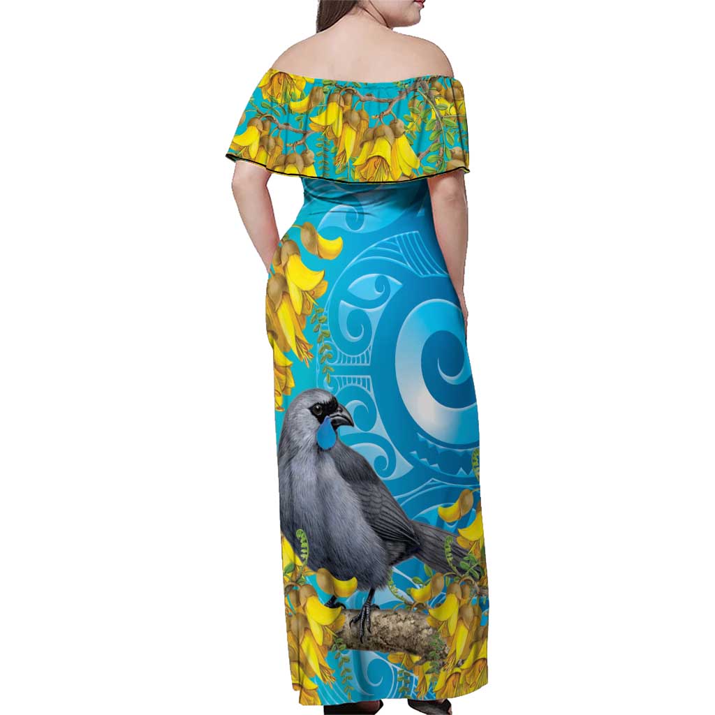New Zealand Kokako Bird Family Matching Off Shoulder Maxi Dress and Hawaiian Shirt Maori Koru With Kowhai Flowers