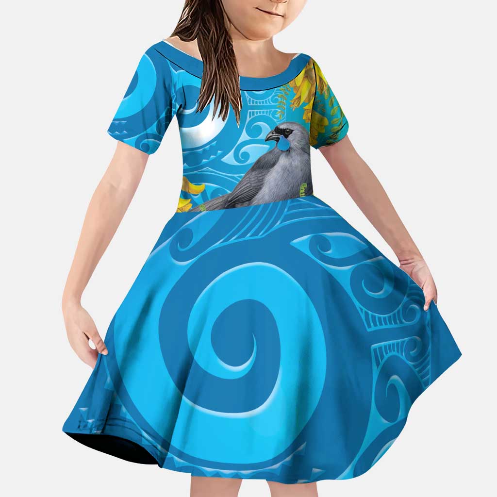 New Zealand Kokako Bird Family Matching Off Shoulder Short Dress and Hawaiian Shirt Maori Koru With Kowhai Flowers