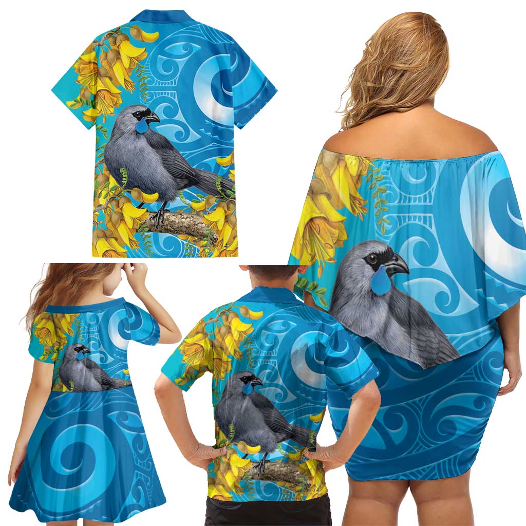 New Zealand Kokako Bird Family Matching Off Shoulder Short Dress and Hawaiian Shirt Maori Koru With Kowhai Flowers