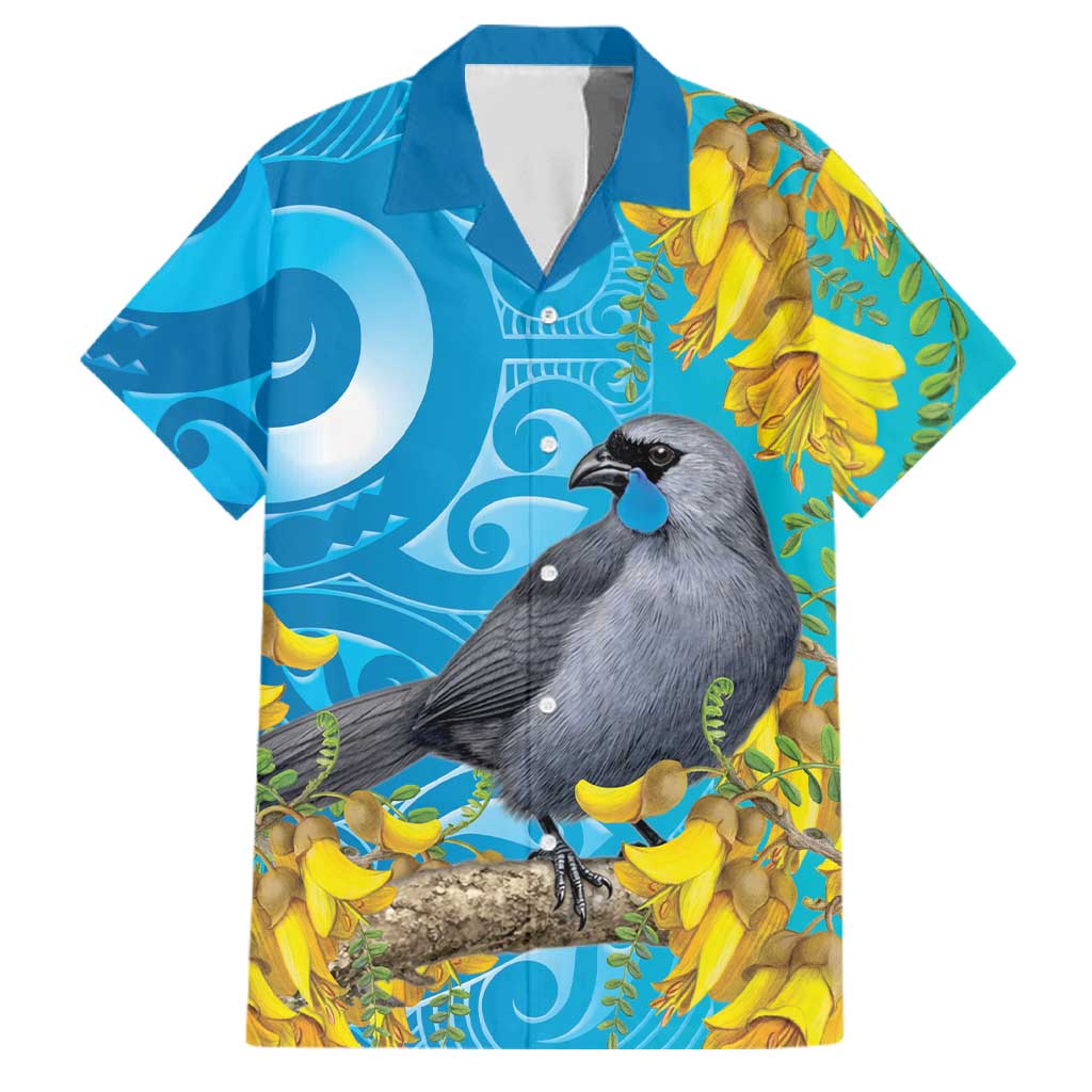New Zealand Kokako Bird Family Matching Off Shoulder Short Dress and Hawaiian Shirt Maori Koru With Kowhai Flowers