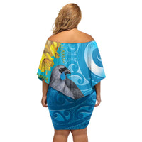 New Zealand Kokako Bird Family Matching Off Shoulder Short Dress and Hawaiian Shirt Maori Koru With Kowhai Flowers