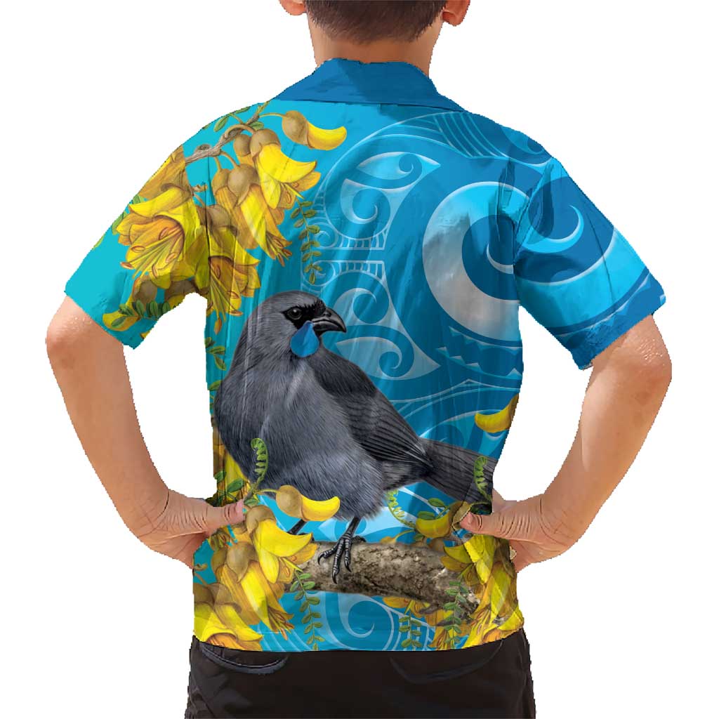 New Zealand Kokako Bird Family Matching Puletasi and Hawaiian Shirt Maori Koru With Kowhai Flowers
