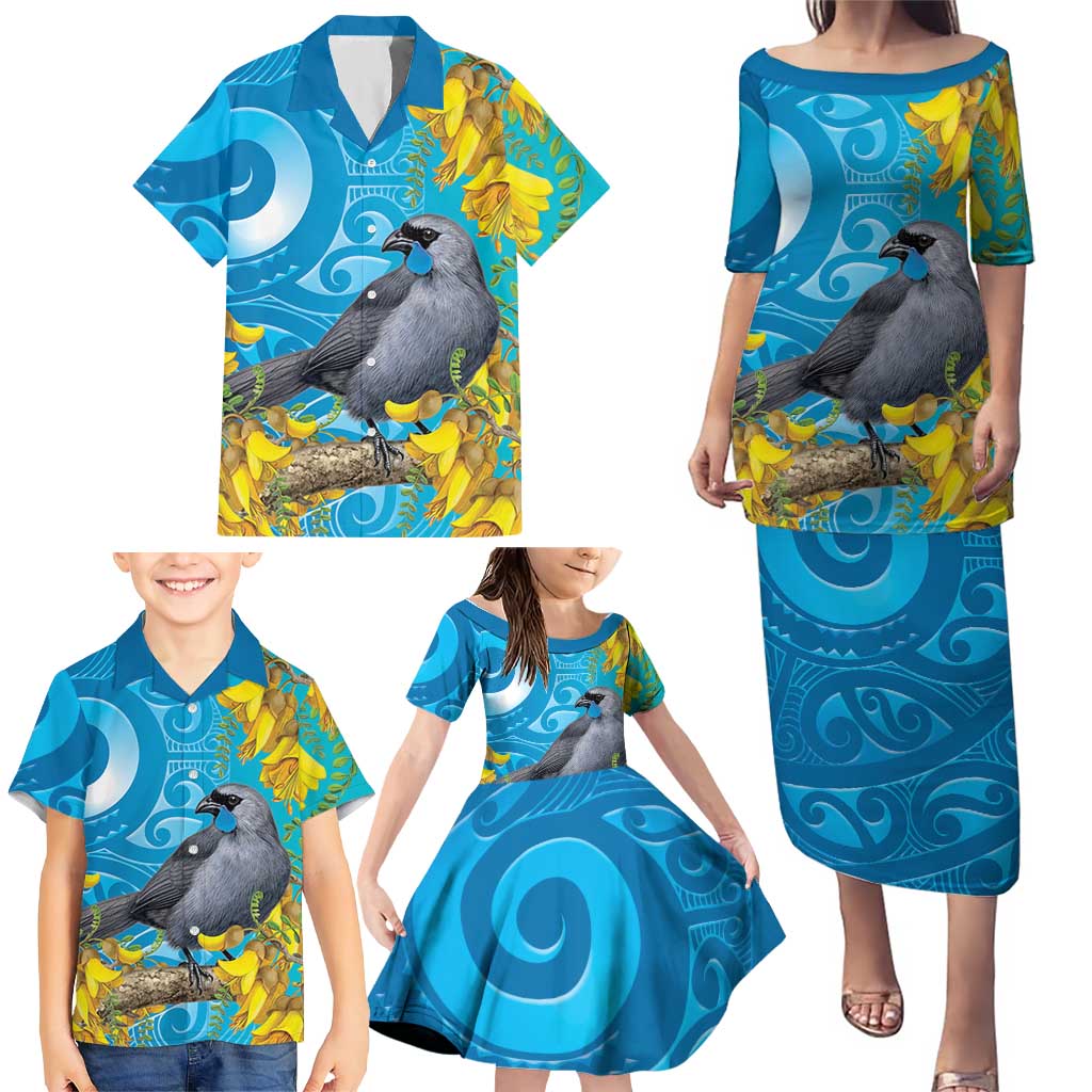 New Zealand Kokako Bird Family Matching Puletasi and Hawaiian Shirt Maori Koru With Kowhai Flowers